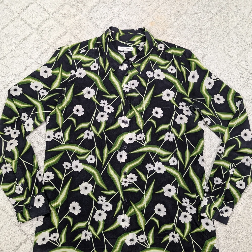 Equipment Dress Womens L Black Green Floral Brett Silk Shirtdress Botanical Chic - Picture 2 of 5